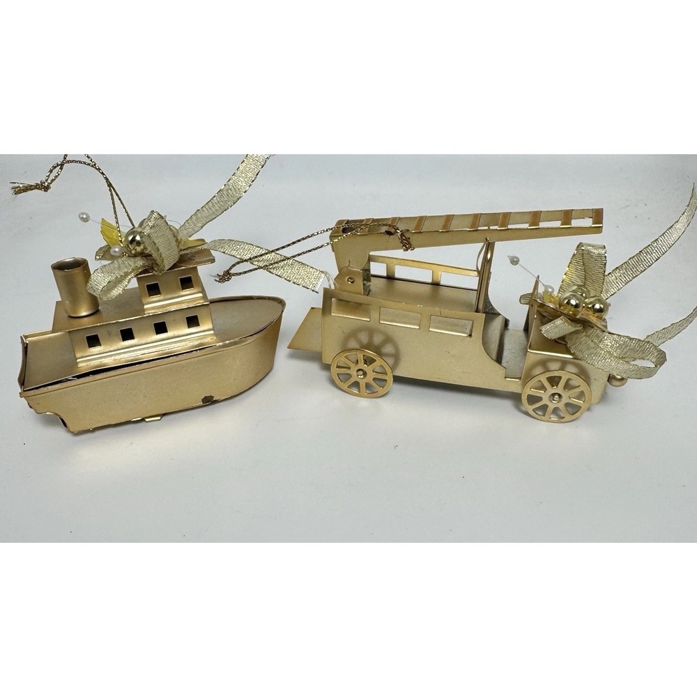 Vintage Gold Toned Metal Christmas Ornaments Featuring A Fire Truck And Boat - Picture 13 of 16